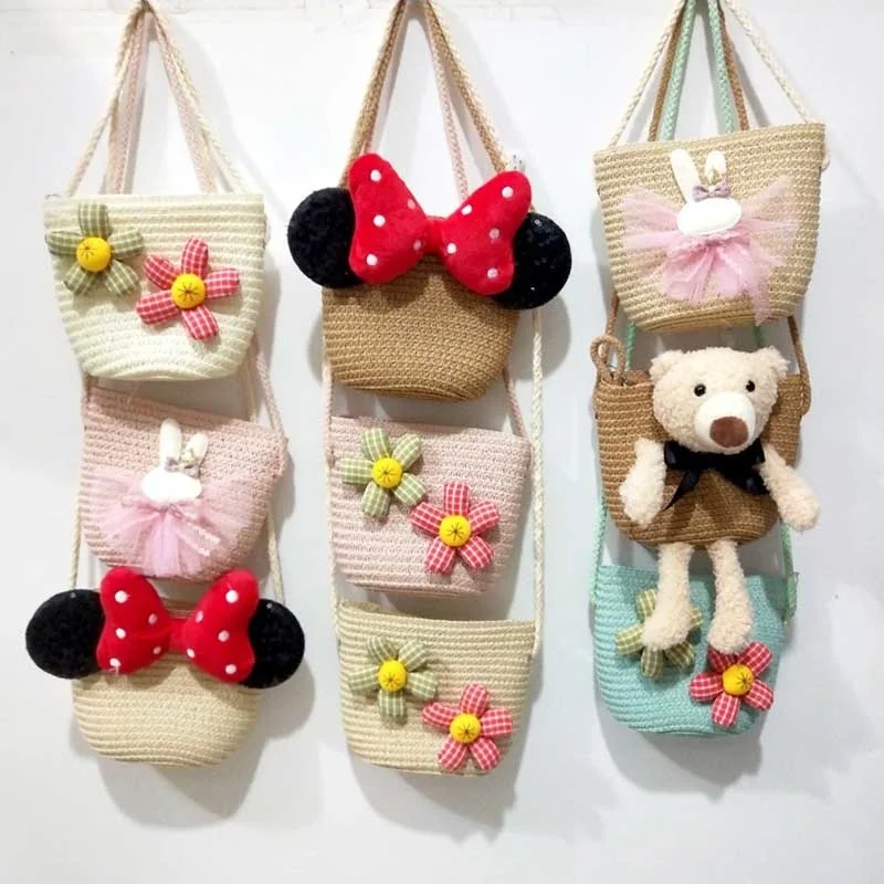 

Lovely Bear Bowknot Children Straw Coin Purse Girls Good Birthday Gift Children Inclined Shoulder Bag Little Princess zipper Bag