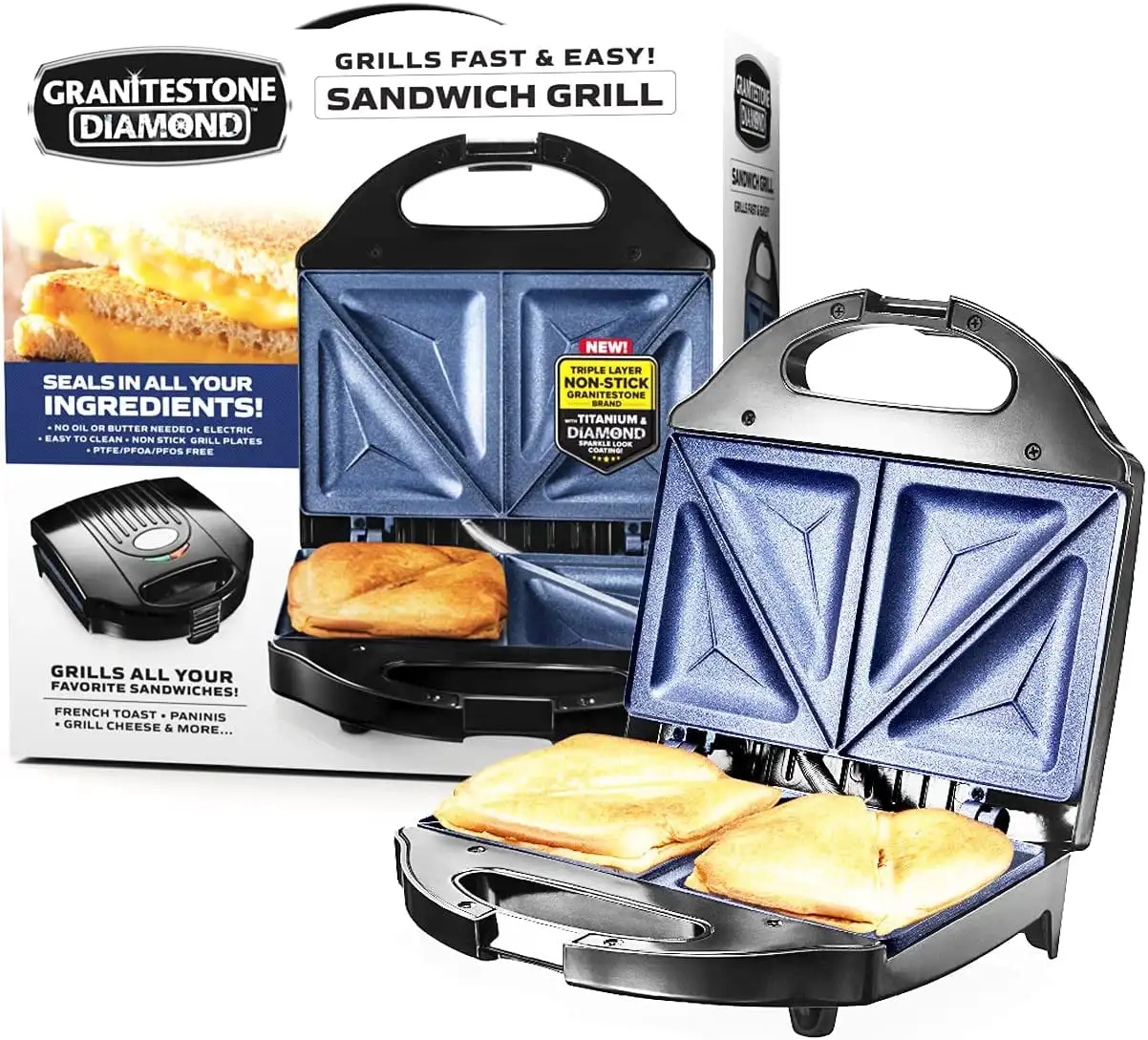 Granitestone Diamond Blue Sandwich Maker, Toaster and Electric Panini Grill with Ultra Nonstick Copper Surface Makes 2 Sandwiche
Granitestone Diamond Blue Sandwich Maker, Toaster and Electric Panini Grill with Ultra Nonstick Copper Surface Makes 2 Sandwiche