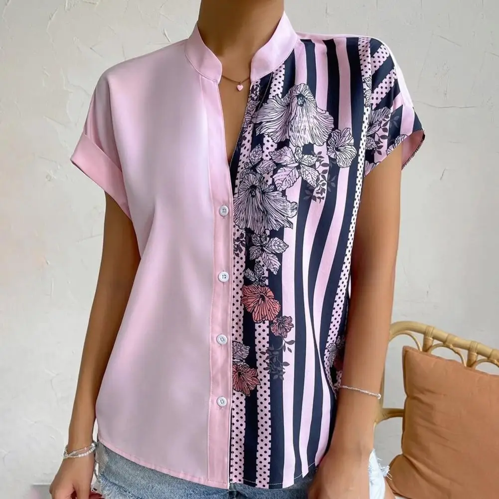 Women Summer Shirt Casual Flower Print Asymmetric Stripe Short Sleeves Commute Stand Collar Single-breasted Summer Blouse Women
Women Summer Shirt Casual Flower Print Asymmetric Stripe Short Sleeves Commute Stand Collar Single-breasted Summer Blouse Women