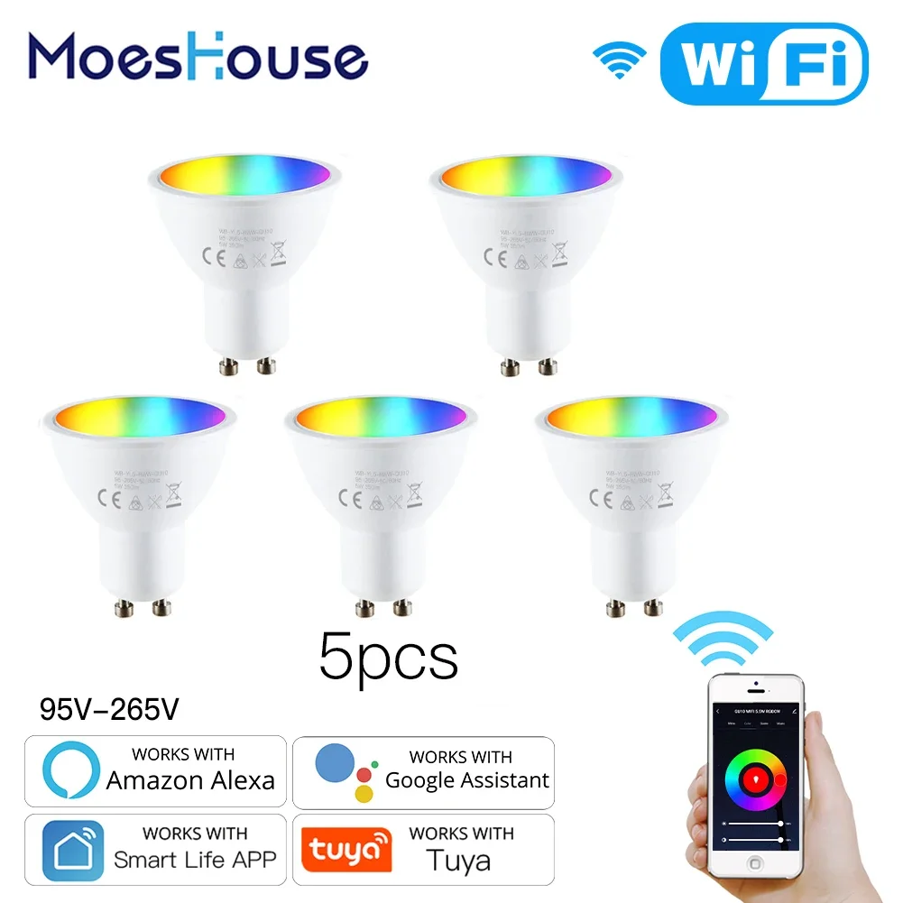 Умные светодиодные лампы MoesHouse GU10 с Wi-Fi, белый светильник с регулируемой яркостью, с дистанционным управлением, работает с Alexa/Google