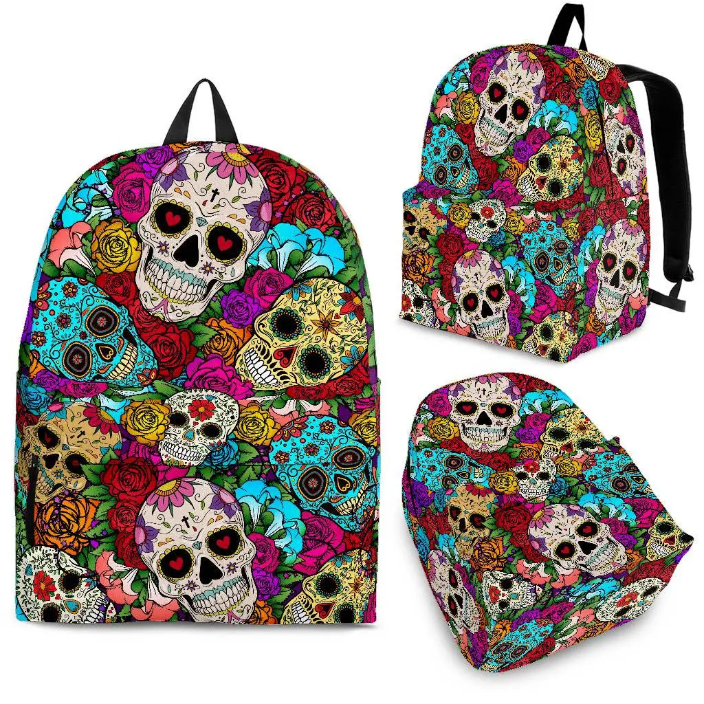 

YIKELUO Trendy Sugar Skull Rose 3D Printing Brand Durable Backpack Unisex Casual Knapsack With Zipper Student Textbook Bag