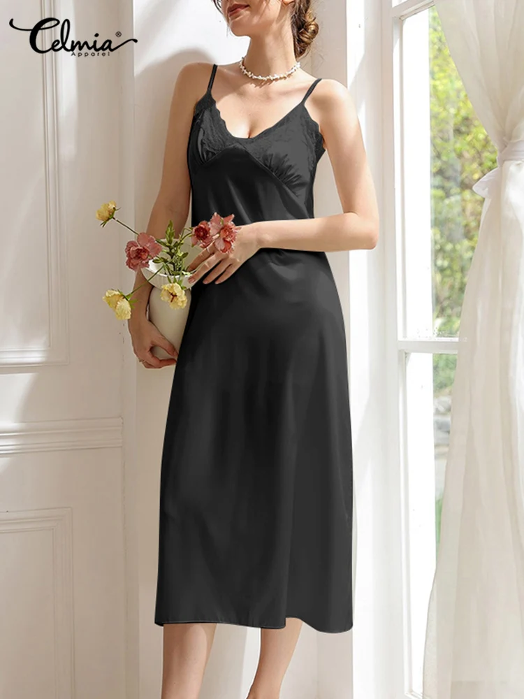 Casual V Neck Pajamas Robe Celmia Women Summer Spaghetti Strap Sleepwear Elegant Lace Stitching Nightdress Sexy Silk Nightgrowns
Casual V Neck Pajamas Robe Celmia Women Summer Spaghetti Strap Sleepwear Elegant Lace Stitching Nightdress Sexy Silk Nightgrowns