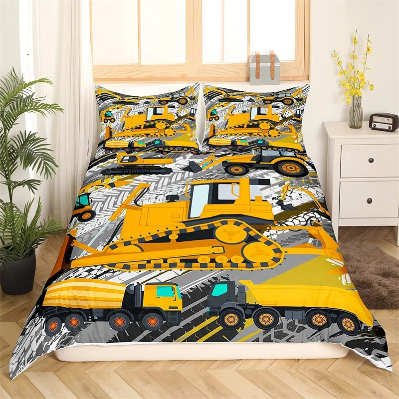 

Construction Vehicles Comforter Cover Set Twin Size,Boys Excavator Duvet Cover,Yellow Tractor Truck Bedding Kids Car Theme Decor