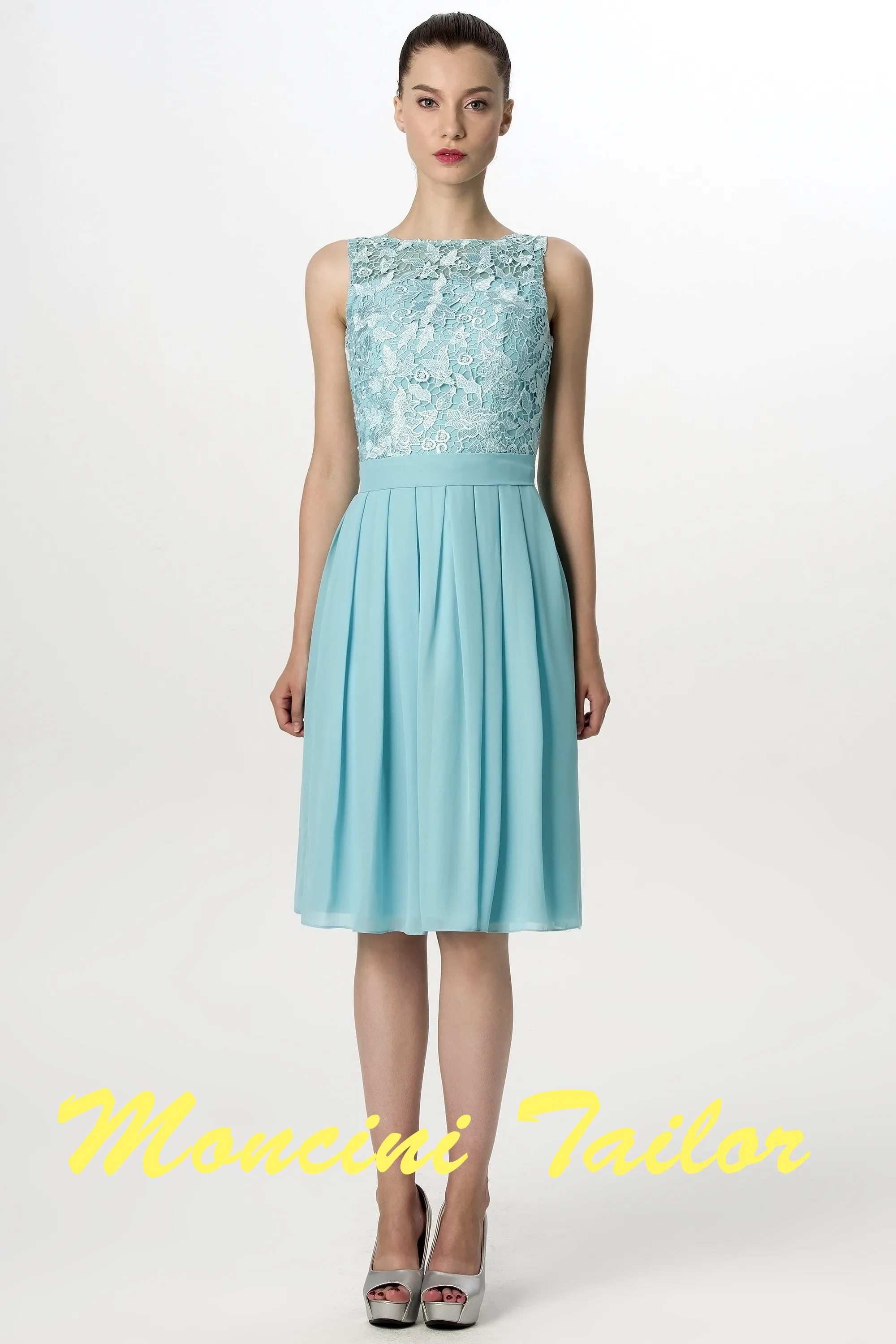 2023 Синее Короткое Шифоновое модное платье подружки невесты без рукавов с круглым вырезом