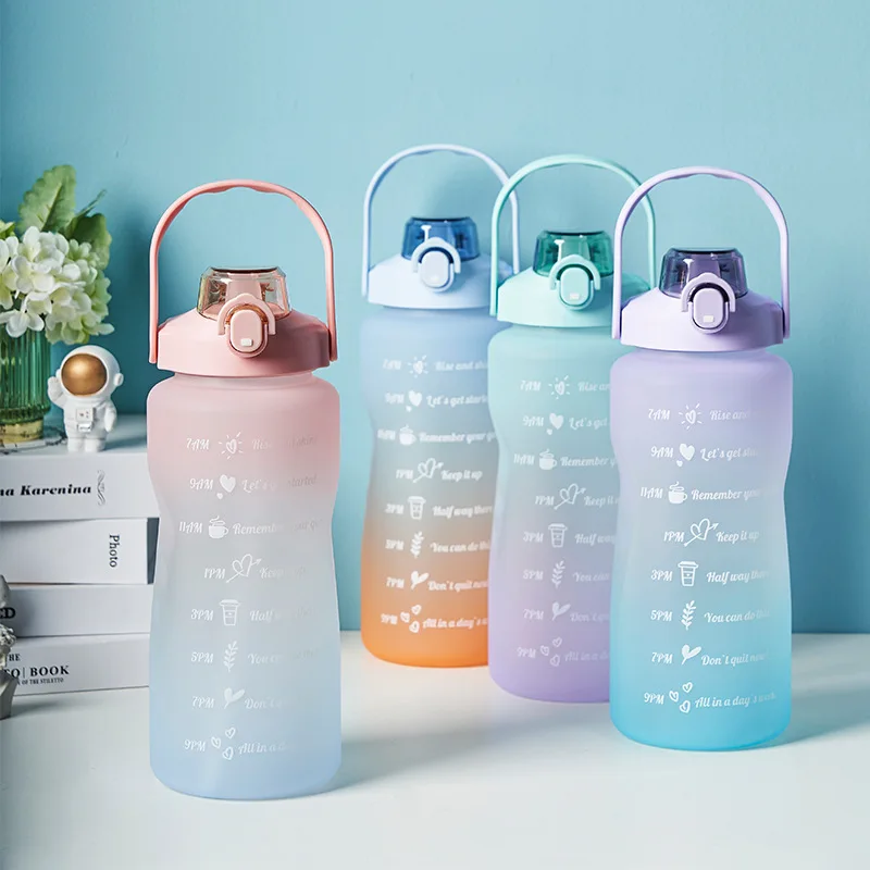 

2L Large-Capacity Gradient Water Bottle Sports Frosted Cup with Straw Time Marker Drinking Bottle Leak-Proof Bounce Lid Jugs