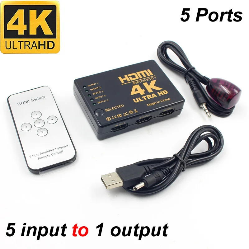 

5 Input to 1 Output 3D HD HDMI Switch 1.4b 4K Video Switcher Splitter 1080P Wireless IR Remote Control USB Power Cable for PC La