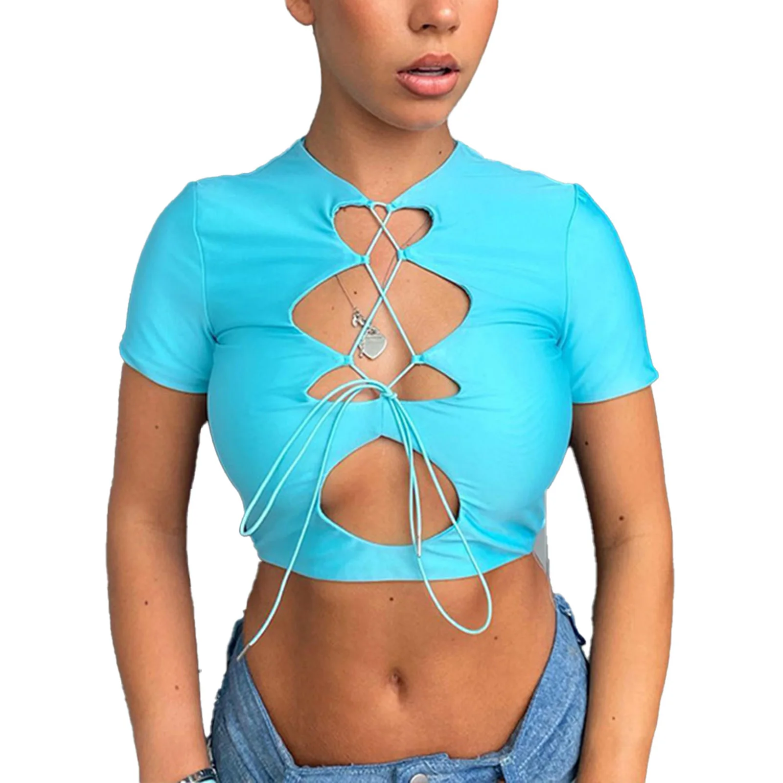 Women Short Sleeves Hollow T-shirt Cross Lace Up Patchwork Tank Tops Plunging Neckline Tops Women Sexy Open Crotch Hotsweet Tee
Women Short Sleeves Hollow T-shirt Cross Lace Up Patchwork Tank Tops Plunging Neckline Tops Women Sexy Open Crotch Hotsweet Tee