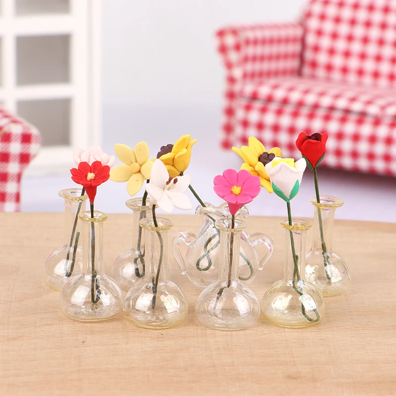 1 шт., 1:12 миниатюрная ваза для кукольного домика, роза, цветок, цветок рододендрона, композиция из цветов подсолнуха, аксессуары для кукольного домика