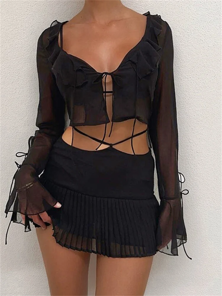 CHRONSTYLE Women Long Sleeve Blouses Crop Tops Solid Mesh See-Through Ruffles Tie-Up Front Split Shirts Spring Autumn Streetwear
CHRONSTYLE Women Long Sleeve Blouses Crop Tops Solid Mesh See-Through Ruffles Tie-Up Front Split Shirts Spring Autumn Streetwear