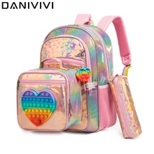 New Cute Love Girls school backpack mochilas for Elementary School Bags with Lunch Box Kids Pink Backpack Set for Girls Age 6-8