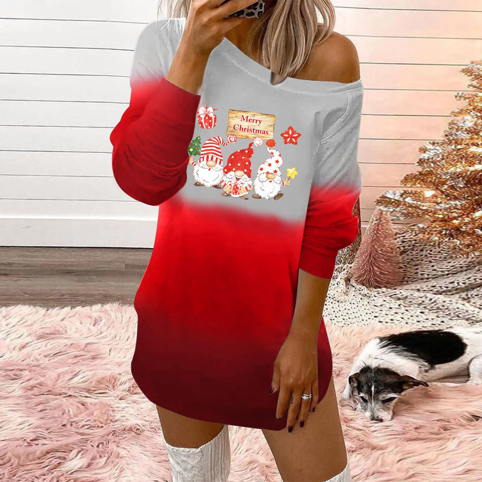 Womens Fashion Christmas Print Round Neck Off Shoulder Long Sleeve Pullover Long Top Gradient Colorblock Hip Split Front Dress
Womens Fashion Christmas Print Round Neck Off Shoulder Long Sleeve Pullover Long Top Gradient Colorblock Hip Split Front Dress