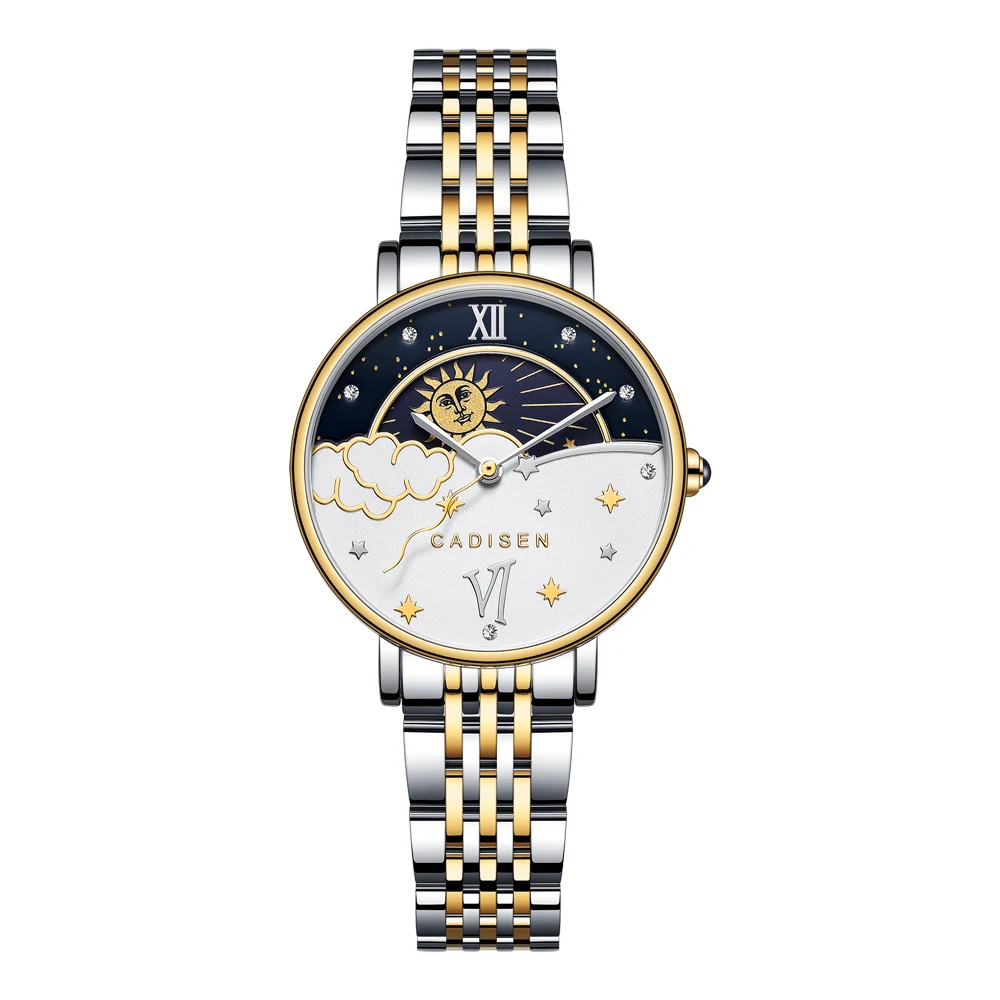 

CADISEN New Women Gift Fashion Brand Quartz Wristwatch Ladies Luxury Rose Gold Watch Female Moon Phase Watch Relogio Feminino