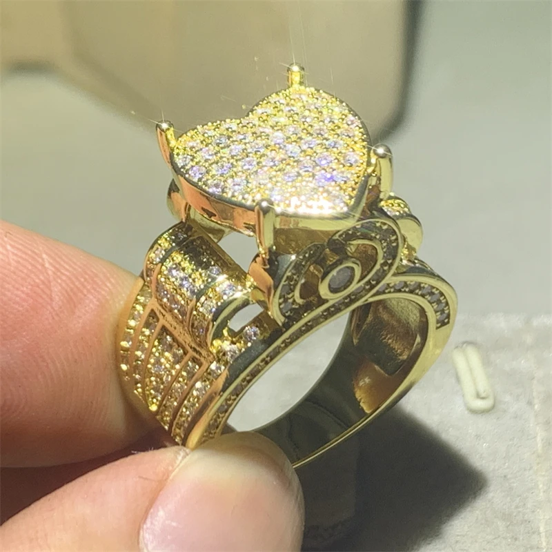 

New 14K Gold Filled Exquisite Big Heart Ring Micro Pave Cubic Diamond Ring Fully Iced Out Bling Hip Hop Punk Men Women Jewelry