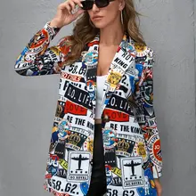 Womens Jacket New Fashion Vintage Irregular Print Casual Blazer Women High Street Lapel Long Sleeve Coat Blazer for Women