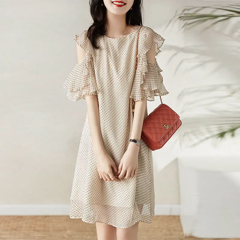 

Summer Polka Dot Dresses Off-The-Shoulder Sexy Ruffled Five-Point Sleeve Short Dress Dating Party Women's Japan Cute Loose