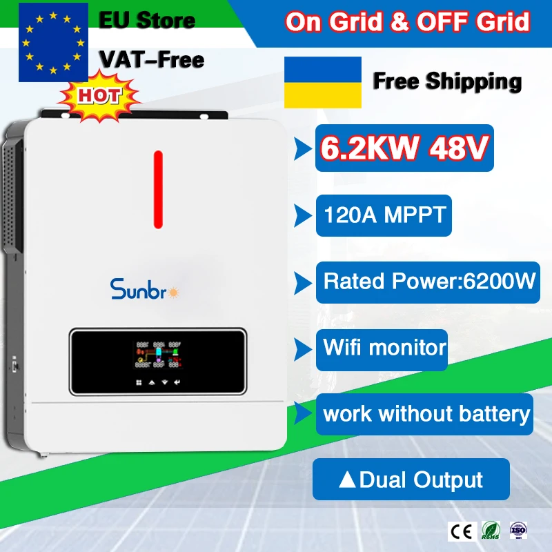6.2KW 48V NEW Dual Output RGB Light 90-500VDC 120A MPPT Charger Controller Work without battery on/off Grid Solar Inverter
6.2KW 48V NEW Dual Output RGB Light 90-500VDC 120A MPPT Charger Controller Work without battery on/off Grid Solar Inverter