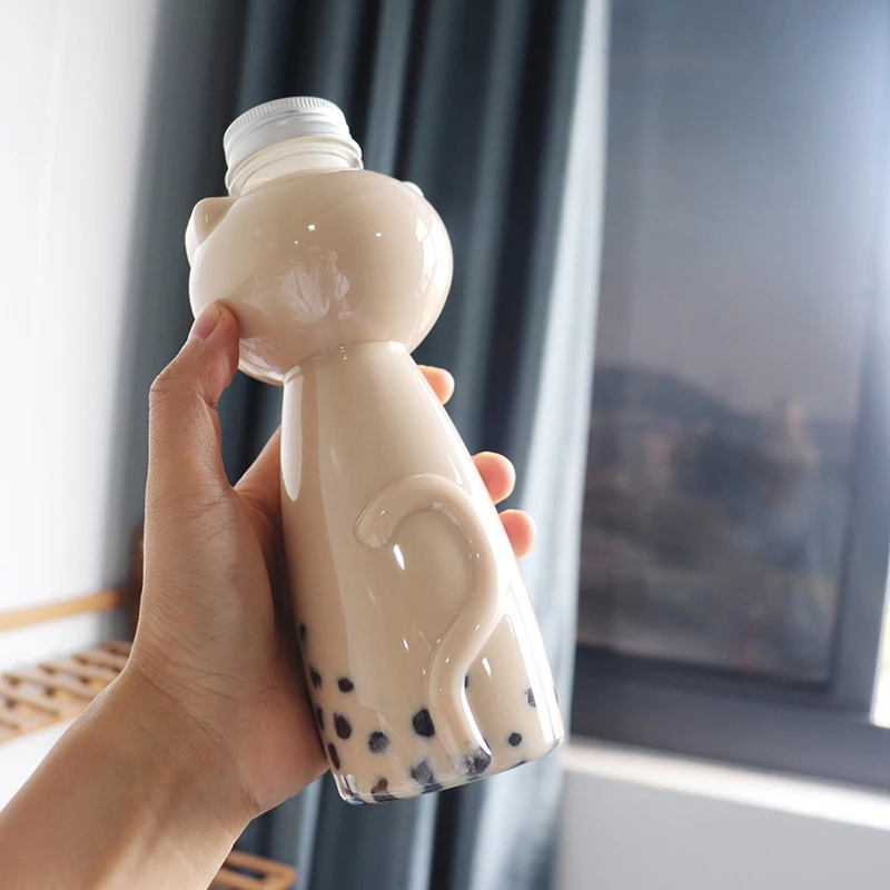 

1pc Cat Shape Milk Tea Juice Sealed Cap Cold Drink Bottle Transparent Cat Juice Bottle Homemade Juicing Beverage PET Bottles