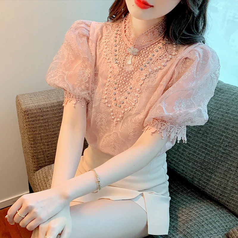 Женская блузка с вышивкой, кружевная блузка во французском стиле с пышными рукавами и воротником-стойкой, топы и блузки, Новинка лета 2022 
Женская блузка с вышивкой, кружевная блузка во французском стиле с пышными рукавами и воротником-стойкой, топы и блузки, Новинка лета 2022