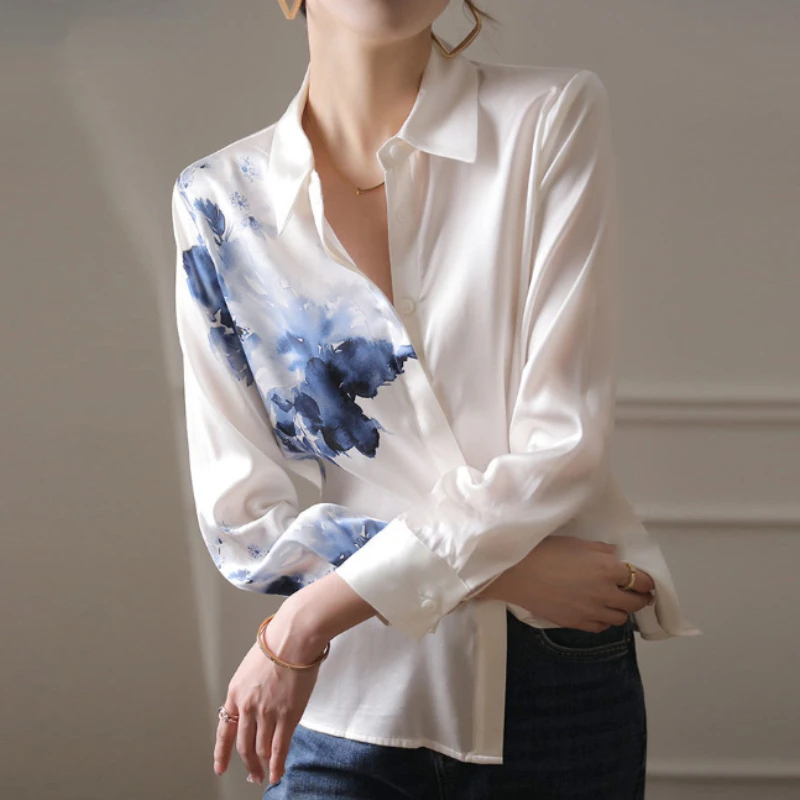 2023 Spring Summer Ink Printing Chiffon Blue Shirt Long Sleeve Turn Down Collar Blouse Korean Style OL Style Clothing for Female
2023 Spring Summer Ink Printing Chiffon Blue Shirt Long Sleeve Turn Down Collar Blouse Korean Style OL Style Clothing for Female