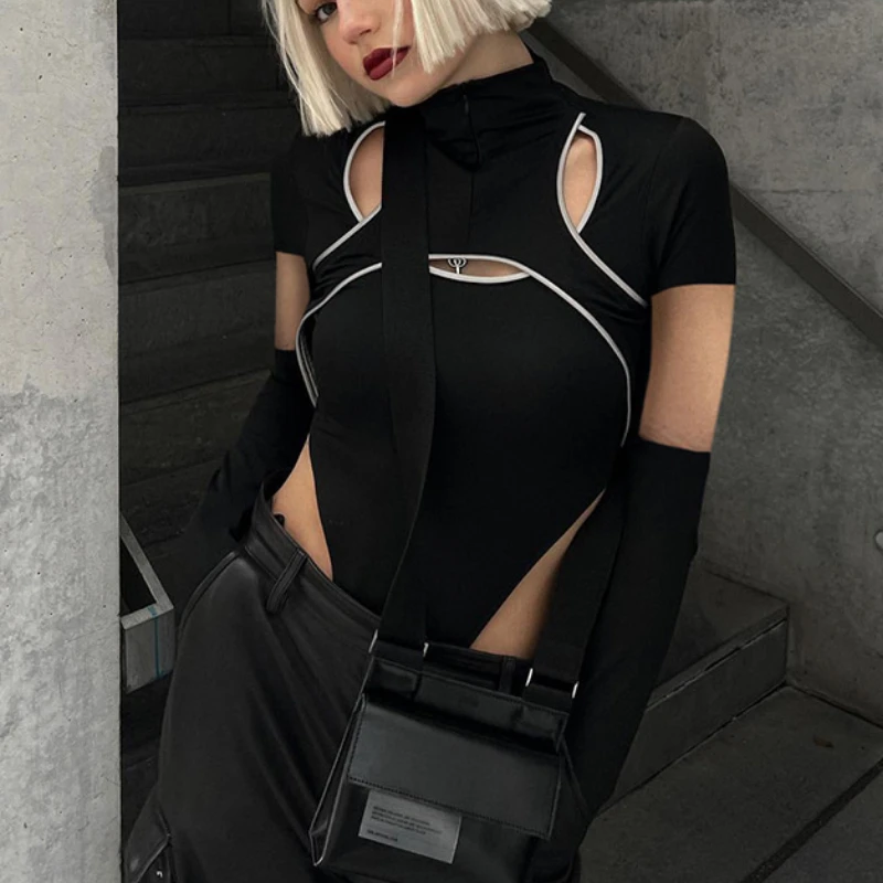 

Techwear Hollowe Out Turtleneck Black Women's Playsuit Slim Sexy Spliced Bodysuit High Waist Top Streetwear Skinny Bodysuit