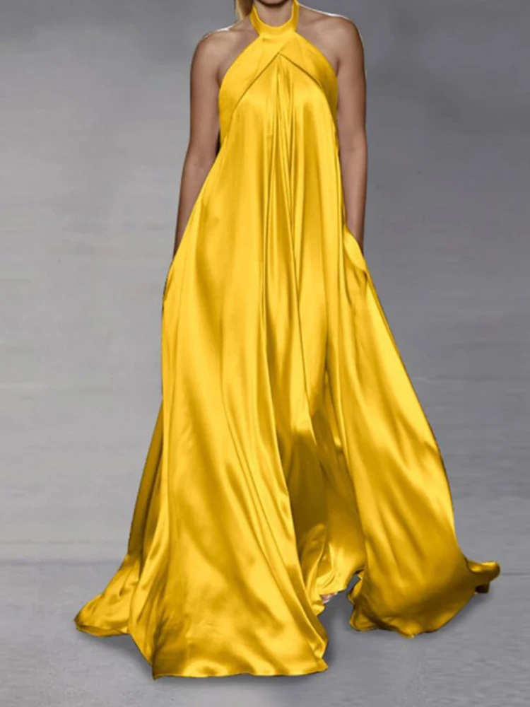 Fashion Satin Draped Long Dress Commute Streetwear Sexy Women Off Shoulder Big Hem Maxi Dress Elegant Solid Halter Pockets Dress 
Fashion Satin Draped Long Dress Commute Streetwear Sexy Women Off Shoulder Big Hem Maxi Dress Elegant Solid Halter Pockets Dress