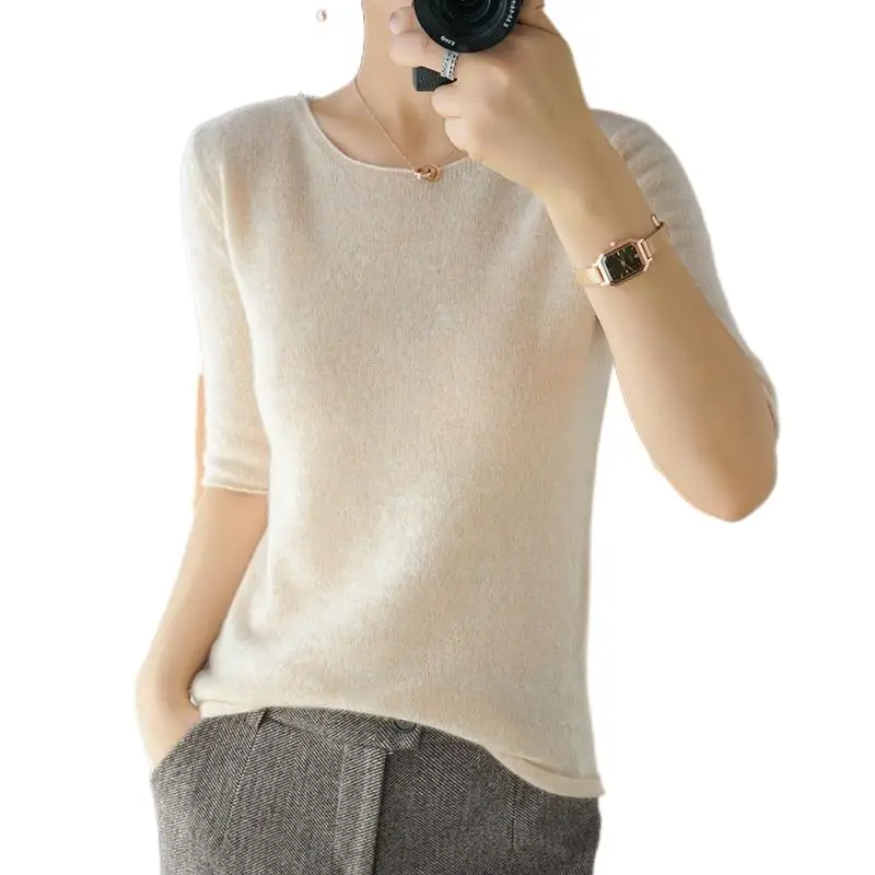 New Cashmere Knit Short-Sleeved Jumper Woman 100% Pure Wool O-Neck Pullover Spring Summer Lady Slim Soft Solid Bottoming Sweater
New Cashmere Knit Short-Sleeved Jumper Woman 100% Pure Wool O-Neck Pullover Spring Summer Lady Slim Soft Solid Bottoming Sweater