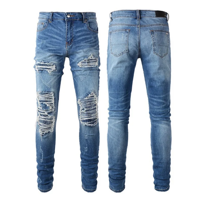

Men's Light Blue Ripped Streetwear Fashion Distressed Skinny Stretch Destroyed Ribs Patches Ripped Jeans