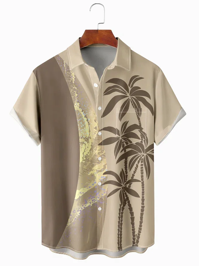 

Resort style Hawaiian collection Marble geometric split coconut tree pattern pocket shirt