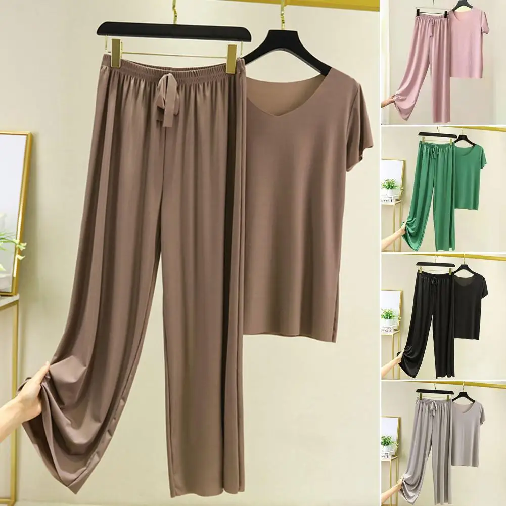2 Pcs/Set Women T-shirt Pants Set Pleated Wide Leg Top Trousers Set V Neck Short Sleeves Loose Homewear Women Clothing
2 Pcs/Set Women T-shirt Pants Set Pleated Wide Leg Top Trousers Set V Neck Short Sleeves Loose Homewear Women Clothing