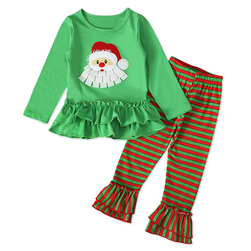 

2Piece Kids Christmas Outfits Toddler Girl Fall Clothes For Baby Long Sleeve Cotton Tops+Stripe Pants Children Clothing Set 1953