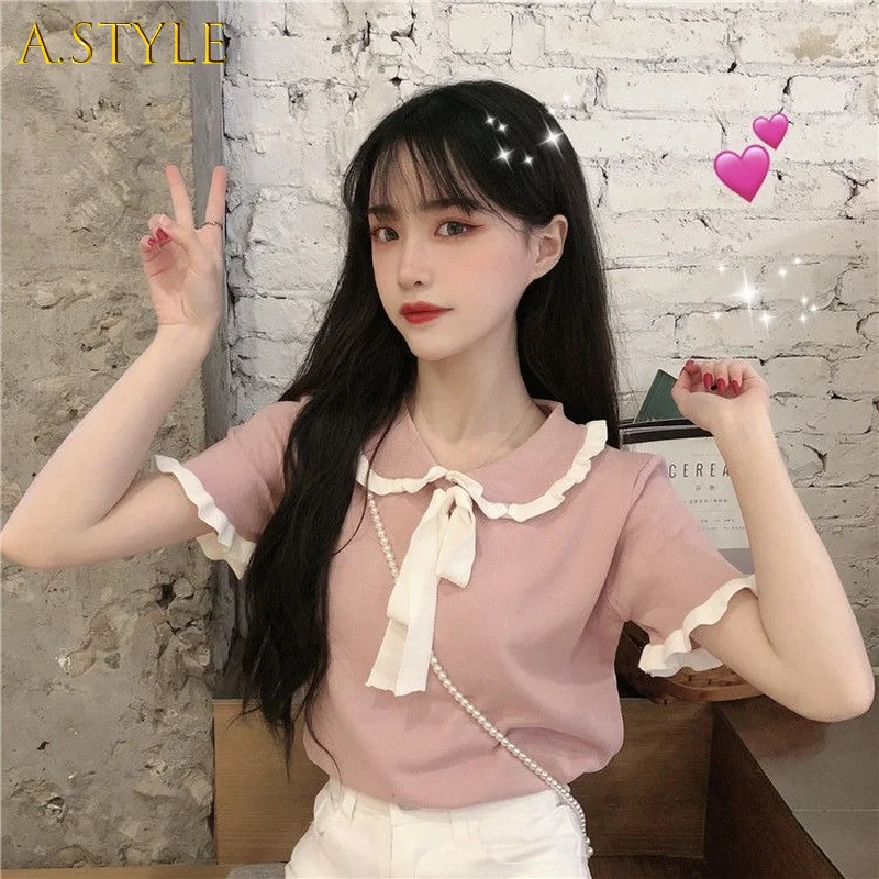 A GIRLS Female 2022 Summer Clothes Loose Elastic Knitted Pullover Peter Pan Collar Korean Bow Lace-up Short-sleeve Blouse Women
A GIRLS Female 2022 Summer Clothes Loose Elastic Knitted Pullover Peter Pan Collar Korean Bow Lace-up Short-sleeve Blouse Women