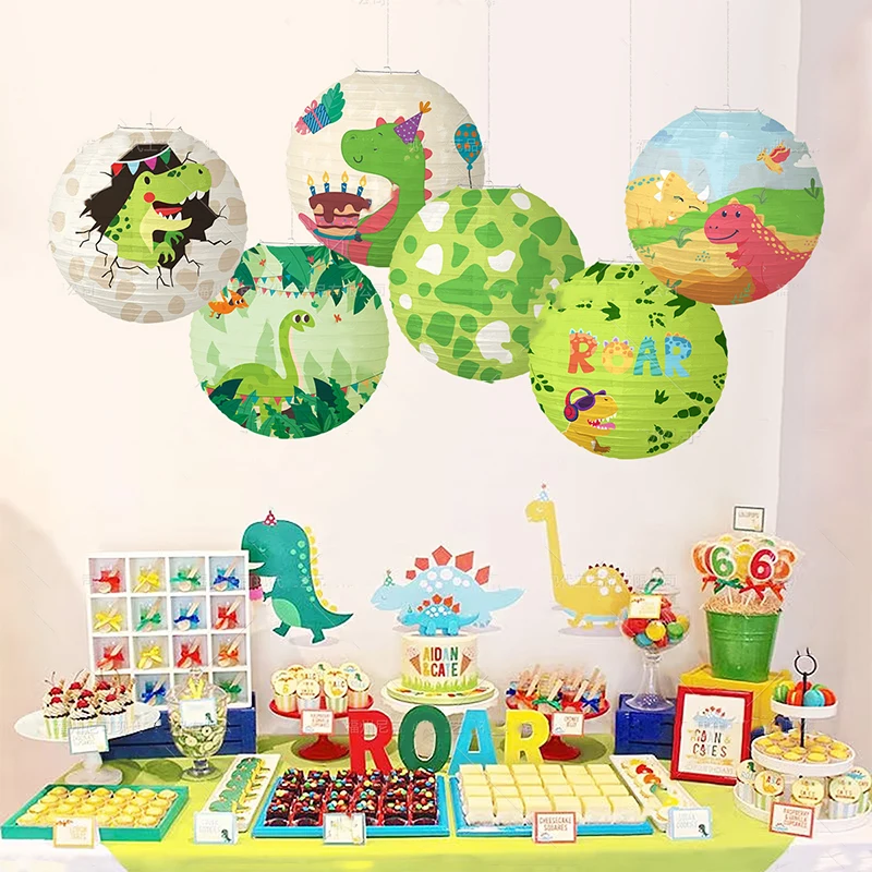 

Roar Dinosaur Theme Party Cartoon Dinosaur Round Paper Lanterns Jungle Safari Kids Girls Boys Happy Dino Birthday Party Decors