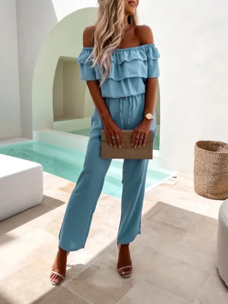 Summer Sexy High Waist Lace-up Beach Playsuit Elegant Women Solid Ruffles Off Shoulder Romper Fashion Casual Backless Streetwear
Summer Sexy High Waist Lace-up Beach Playsuit Elegant Women Solid Ruffles Off Shoulder Romper Fashion Casual Backless Streetwear