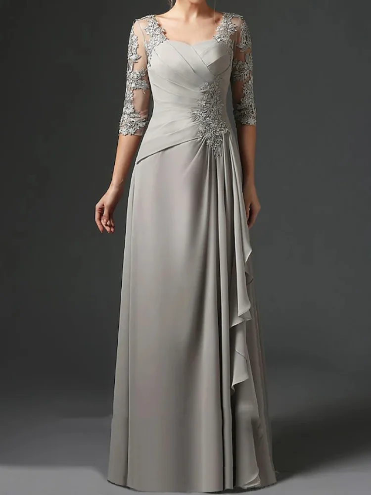 

Sheath Mother of the Bride Dress Elegant Square Neck Floor Length Chiffon Lace Half Sleeve with Ruching Evening Gown