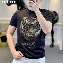 Short Sleeved T-shirt Mens Heavy Craft Tiger Head Light Luxury Hot Diamond Fashion Brand O-neck Clothes Men 2022 New Design