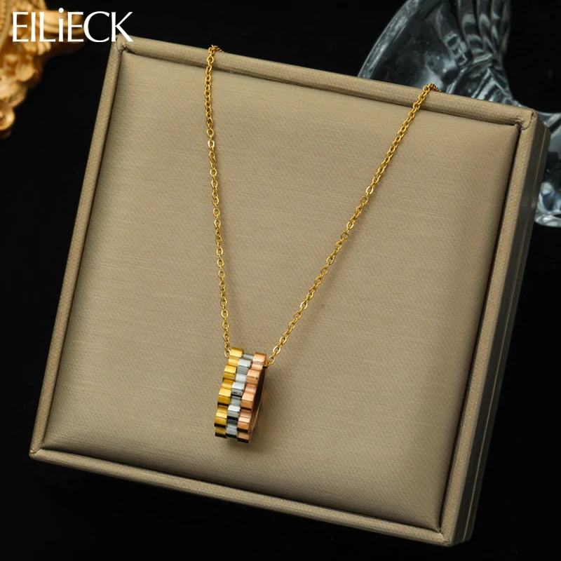 

EILIECK 316L Stainless Steel 3 Color Circle Pendant Necklace For Women Luxury Clavicle Chain Waterproof Jewelry Lady Gift Party