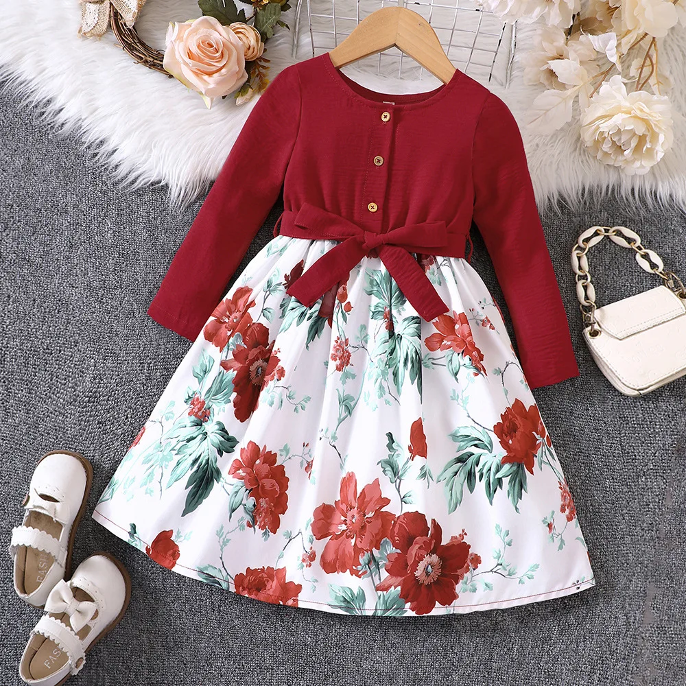 Girls Spring and Autumn Long Sleeved Floral Print Dress with Belt Children's Contrast Umbrella-Shaped Dress
Girls Spring and Autumn Long Sleeved Floral Print Dress with Belt Children's Contrast Umbrella-Shaped Dress