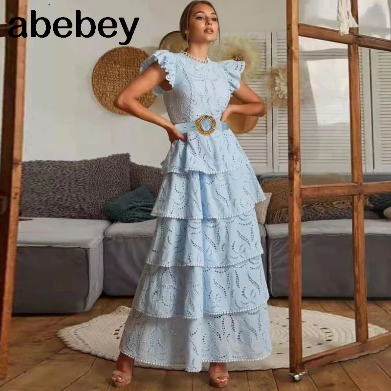 

Runway Design Hollow Out Embroidery Women Summer Party Dresses Ruffles 5 Layered Long Dress Largo Vestidos Plus Robes