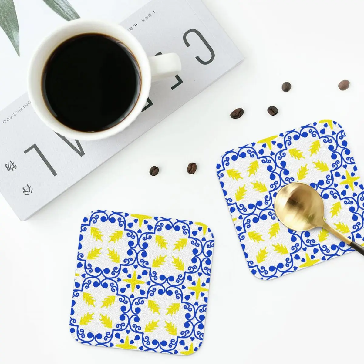 

Blue Yellow Mosaic Pattern Coasters Leather Placemats Non-slip Insulation Coffee Mats Home Kitchen Dining Pads Set of 4
