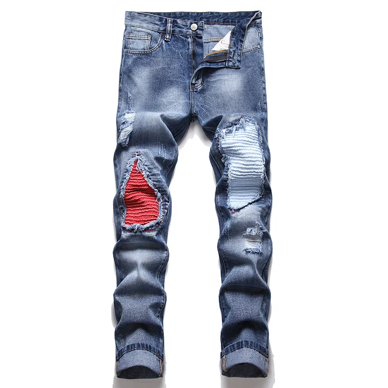 Men Patchwork Ripped Denim Jeans Streetwear Pleated Patch Distressed Straight Pants Holes Trousers
Men Patchwork Ripped Denim Jeans Streetwear Pleated Patch Distressed Straight Pants Holes Trousers