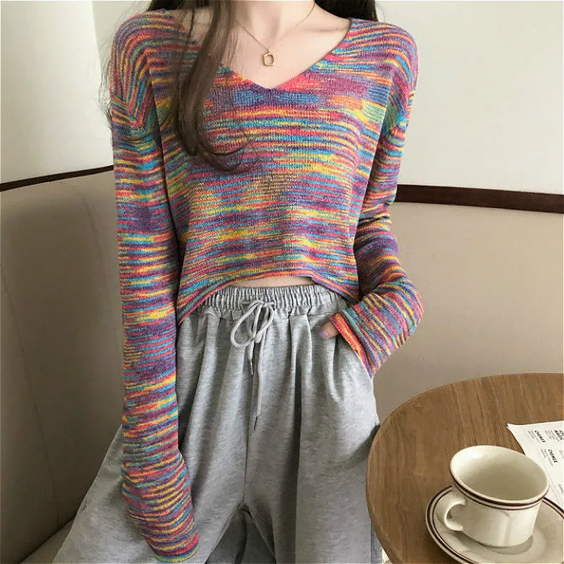 Women Patchwork V-neck Cropped Colorful Long Sleeve Sweaters Pullovers Ladies Knitting New Popular Sexy College Casual Knitwear
Women Patchwork V-neck Cropped Colorful Long Sleeve Sweaters Pullovers Ladies Knitting New Popular Sexy College Casual Knitwear