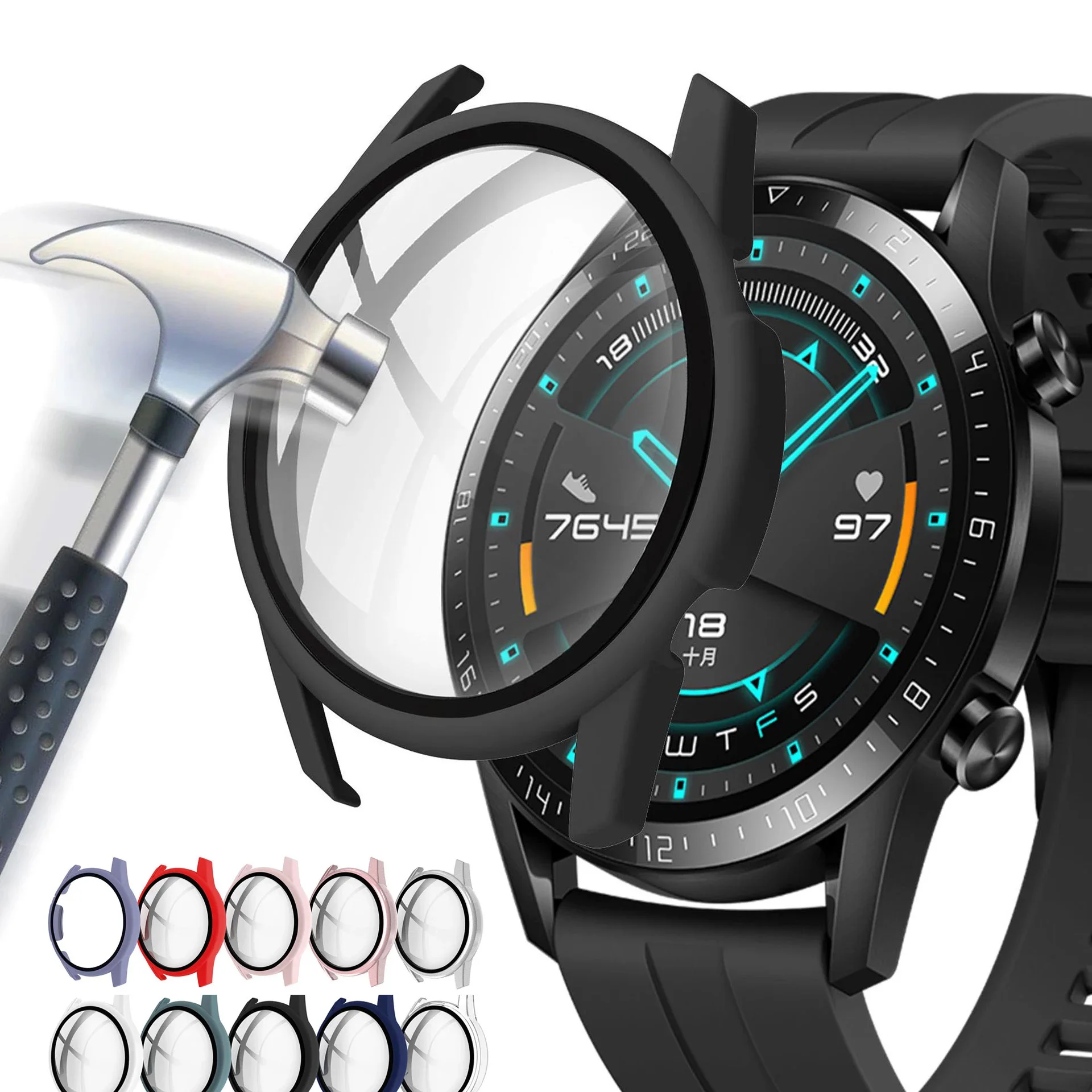 

Glass+Case for huawei watch gt2 2e 46mm 42mm Accessories Full Coverage Screen Bumper Tempered correa huawei gt2e Cover protector