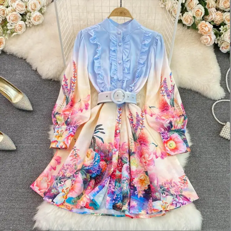 

2023 Elegant Mini Dress Women's Stand Collar Long Lantern Sleeve Flower Print Ruffles Dresses Buttons Sashes Mini Vestidos w2647