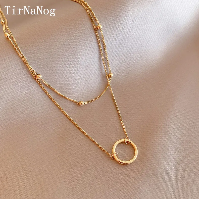 

2022 New South Korea Stainless Steel Double Beads Pendant Necklace Contracted Geometric Type O Circle Chain Of Clavicle