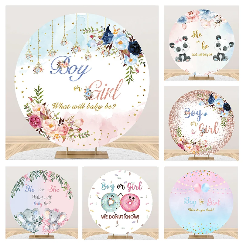 

Laeacco Boy or Girl Gender Reveal Round Backdrop Watercolor Floral Balloons Baby Shower Portrait Custom Photography Background