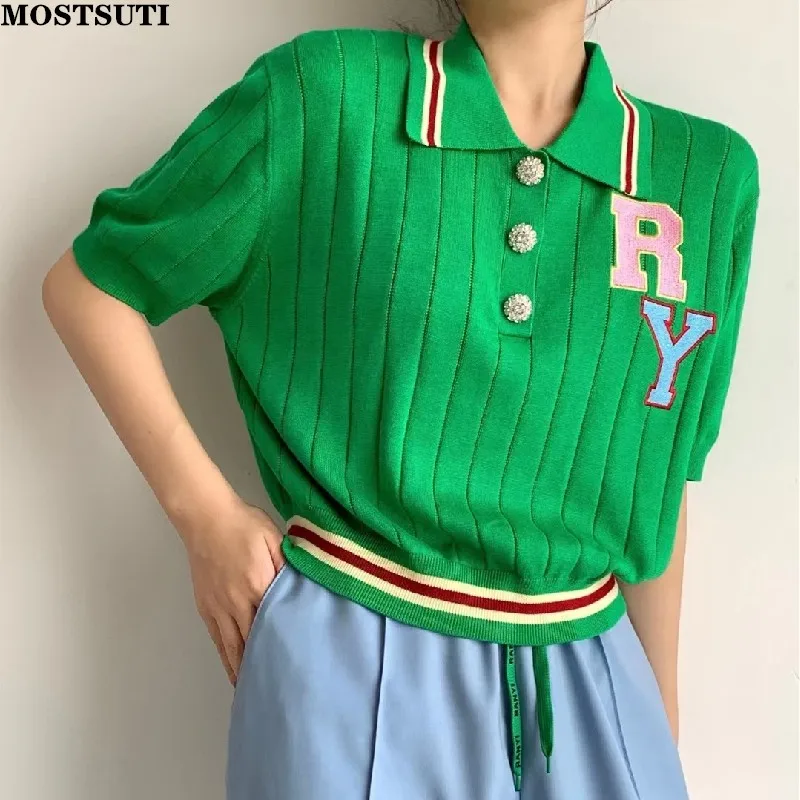 Женский вязаный пуловер с коротким рукавом, Свободный Повседневный свитер с отложным воротником и надписью, лето 2022
Женский вязаный пуловер с коротким рукавом, Свободный Повседневный свитер с отложным воротником и надписью, лето 2022