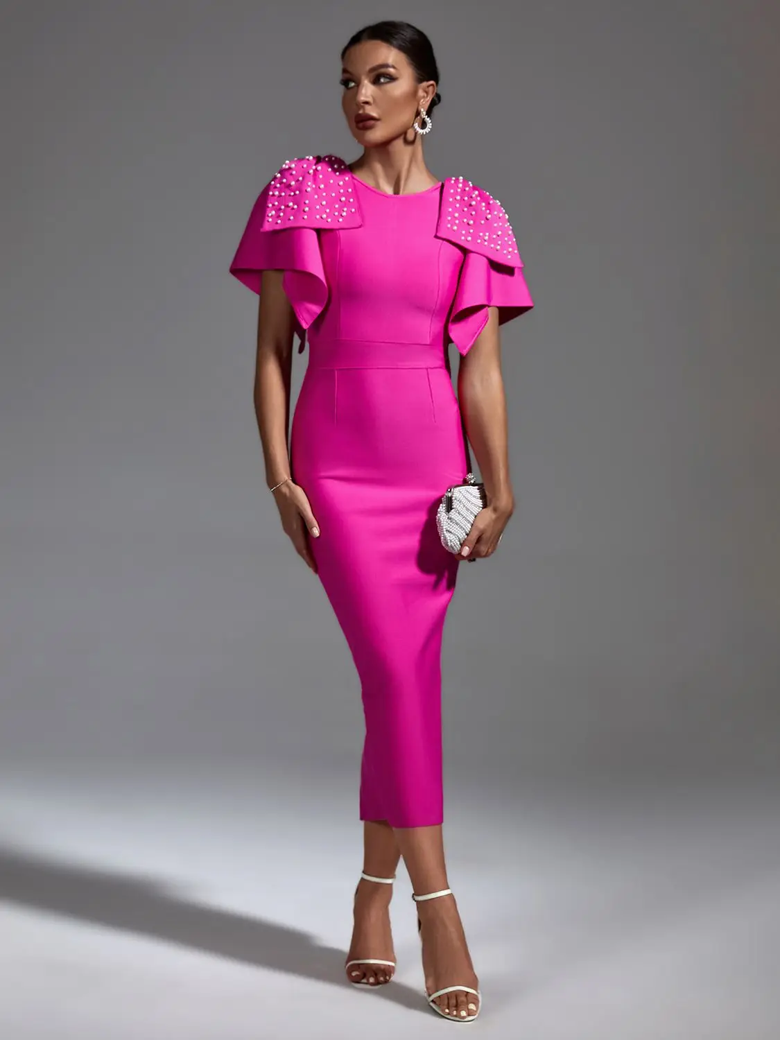 

Женское облегающее платье средней длины, розовое платье с оборками, украшенное бисером, для вечеринки или клуба на день рождения, лето 2023