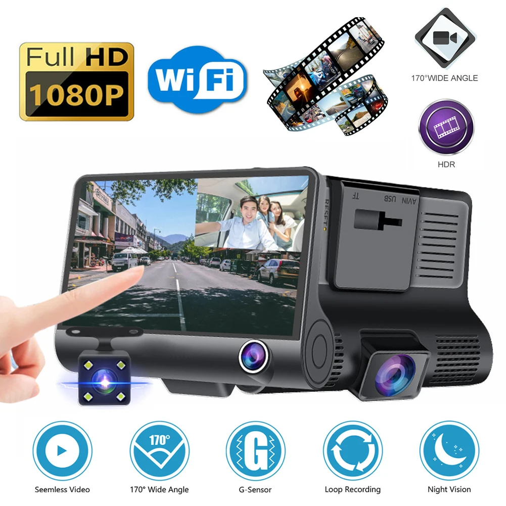 1080P Dash Cam 3 Channel Front Inside Rear Camera Recorder 4" Touch Screen Night Vision Loop Recording G-Sensor Parking Monitor
1080P Dash Cam 3 Channel Front Inside Rear Camera Recorder 4" Touch Screen Night Vision Loop Recording G-Sensor Parking Monitor