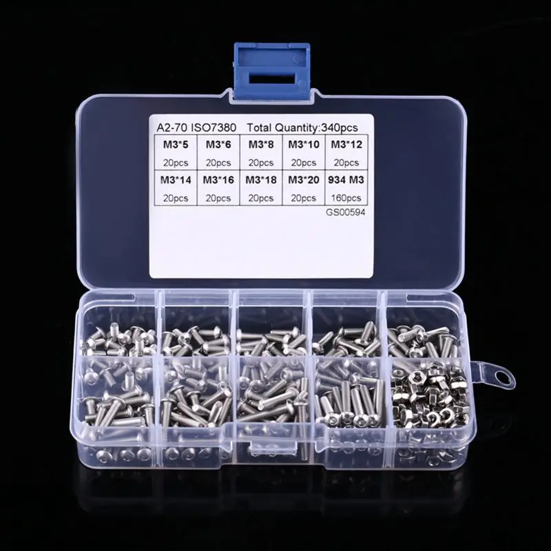 340Pcs M3 Hex Socket Screw Nut Stainless Steel M3 Screws Nuts Assortment Kit Fastener
340Pcs M3 Hex Socket Screw Nut Stainless Steel M3 Screws Nuts Assortment Kit Fastener