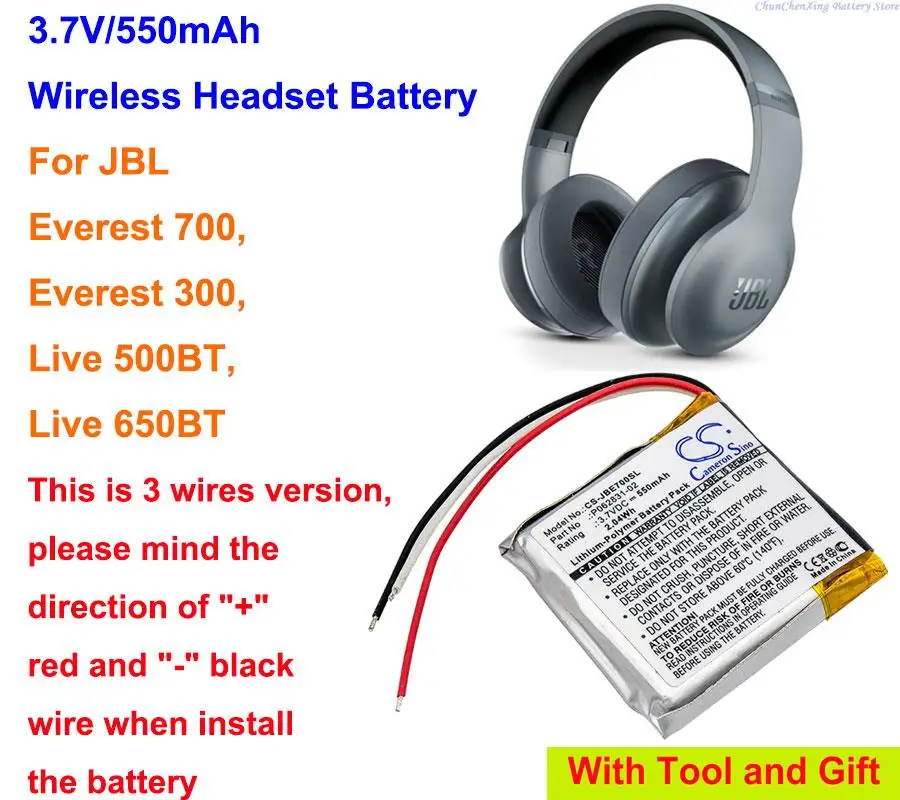 

Cameron Sino 550mAh Wireless Headset Battery P062831-02 for JBL Everest 700, Everest 300, Live 500BT,Live 650BT, this is 3 wires